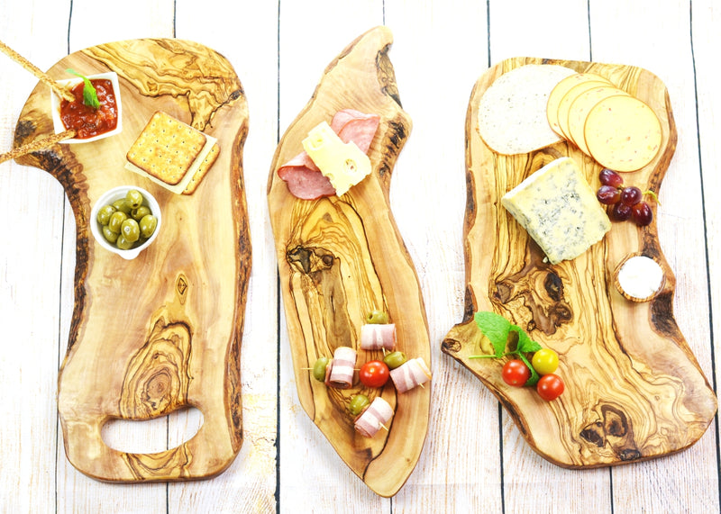 3 wooden olive wood rustic cheese steak serving board with food planche en bois d'olivier by MR OLIVEWOOD® Wholesale USA Canada