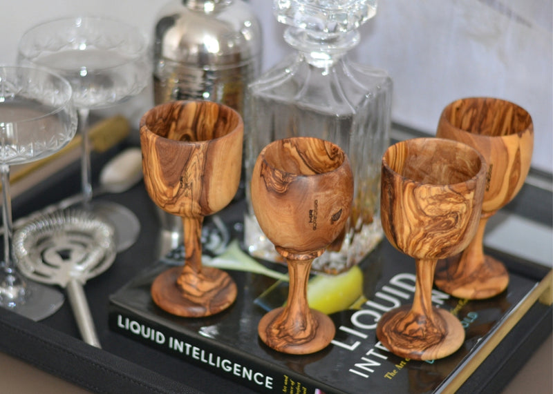 4 wooden olive wood Goblets / Chalice Cup lifestyle verre coupe gobelet en bois d'olivier by MR OLIVEWOOD® wholesale manufacturer US based supplier USA Canada