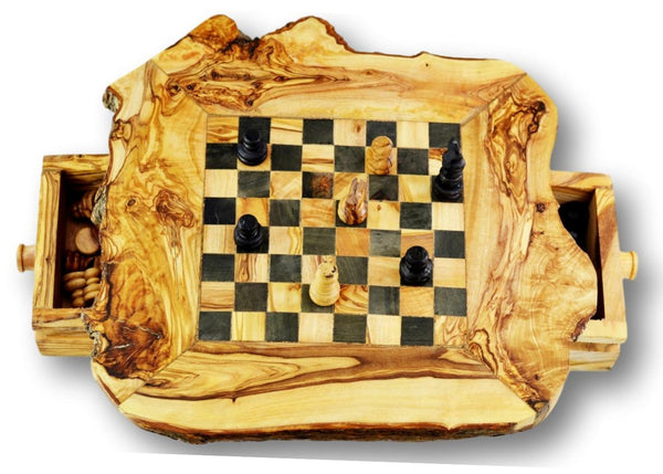wooden olive wood Rustic Chess Board 2 Drawers and Chess Pieces Echiquier Table jeu d'échecs rustique  en bois d'olivier by MR OLIVEWOOD® wholesale manufacturer US based supplier USA Canada