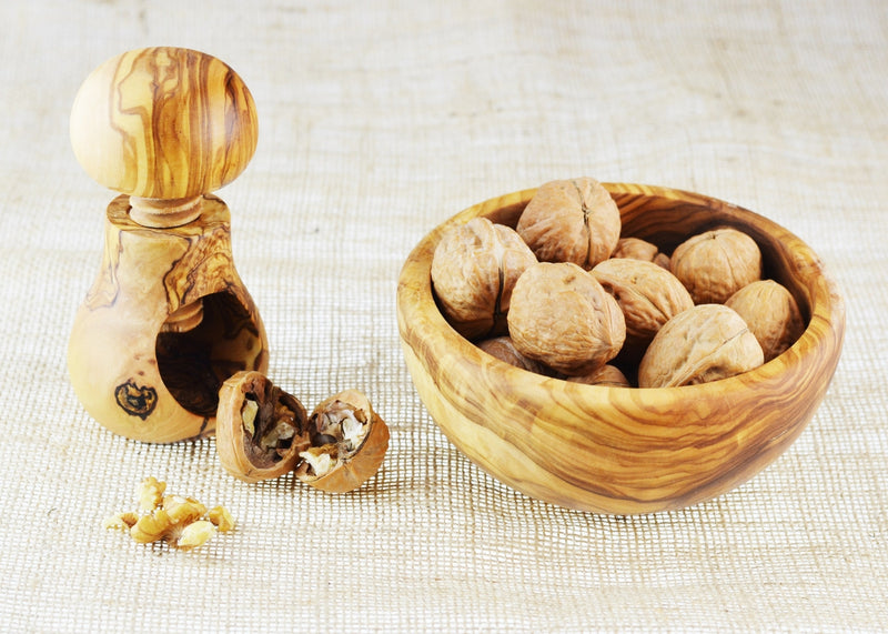 wooden olive wood screw nut cracker with bowl of walnuts Casse-noix  en bois d'olivier by MR OLIVEWOOD® wholesale manufacturer US based supplier USA Canada