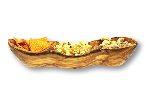 Olive Wood wooden rustic appetizer serving dish 3 sections with food By MR OLIVEWOOD® Wholesale Manufacturer Supplier USA canada