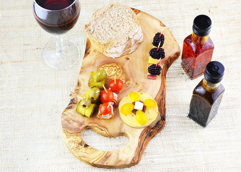 wooden olive wood rustic chopping cutting carving cheese steak serving handle board with food planche en bois d'olivier by MR OLIVEWOOD® Wholesale USA Canada