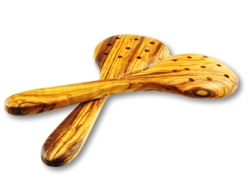 2 wooden Olive Wood pierced large cooking spoons cuillerée à soupe cuillère de cuisson large en bois d'olivier by MR OLIVEWOOD® wholesale manufacturer US based supplier USA Canada