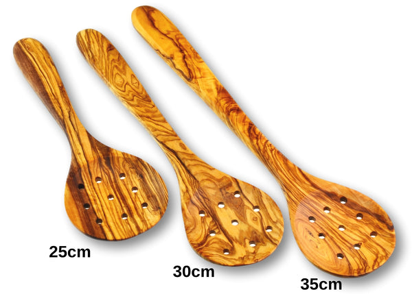 wooden Olive Wood pierced large cooking spoon 3 sizes cuillerée à soupe cuillère de cuisson large en bois d'olivier by MR OLIVEWOOD® wholesale manufacturer US based supplier USA Canada