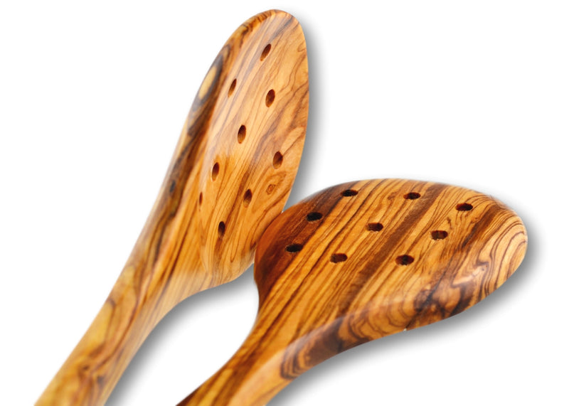 2 wooden Olive Wood pierced large cooking spoons closer look  cuillerée à soupe cuillère de cuisson large en bois d'olivier by MR OLIVEWOOD® wholesale manufacturer US based supplier USA Canada