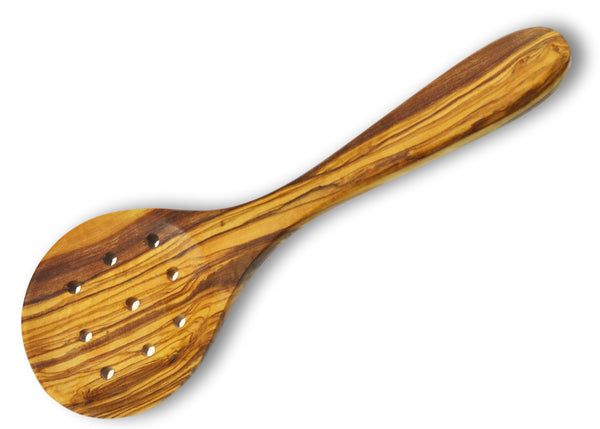 wooden Olive Wood pierced large cooking spoon cuillerée à soupe cuillère de cuisson large en bois d'olivier by MR OLIVEWOOD® wholesale manufacturer US based supplier USA Canada