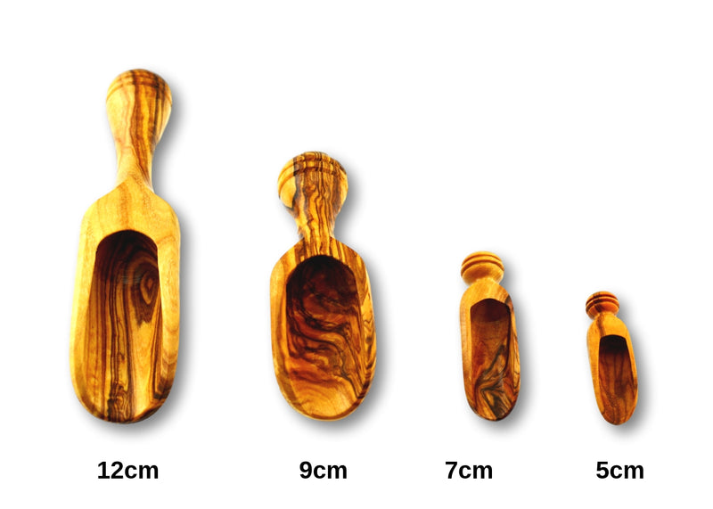 wooden Olive Wood salt and spices scoop shovel 4 sizes Pelle Scoop à sel et épices en bois d'olivier by MR OLIVEWOOD® wholesale manufacturer US based supplier USA Canada