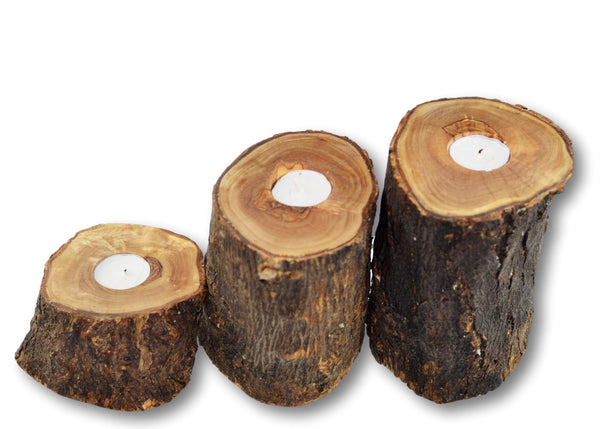 wooden olive wood Natural Trunks Candle Holders Set of 3 porte-bougie en bois d'olivier by MR OLIVEWOOD® wholesale manufacturer US based supplier USA Canada