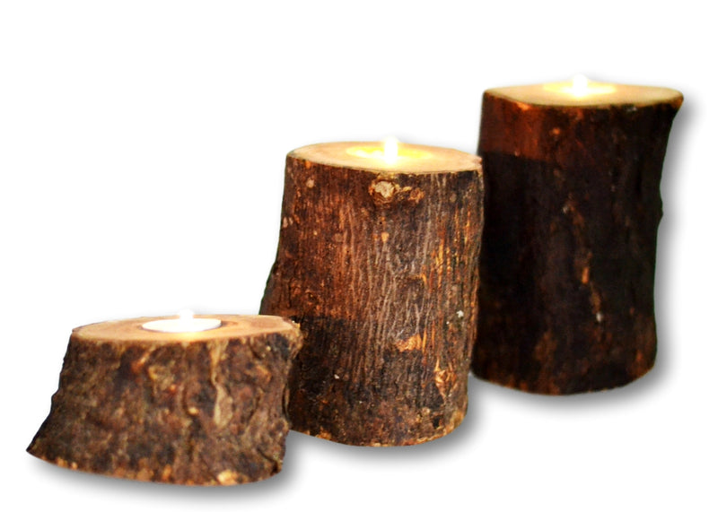 wooden olive wood Natural Trunks Candle Holders Set of 3 with 3 small candles porte-bougie en bois d'olivier by MR OLIVEWOOD® wholesale manufacturer US based supplier USA Canada