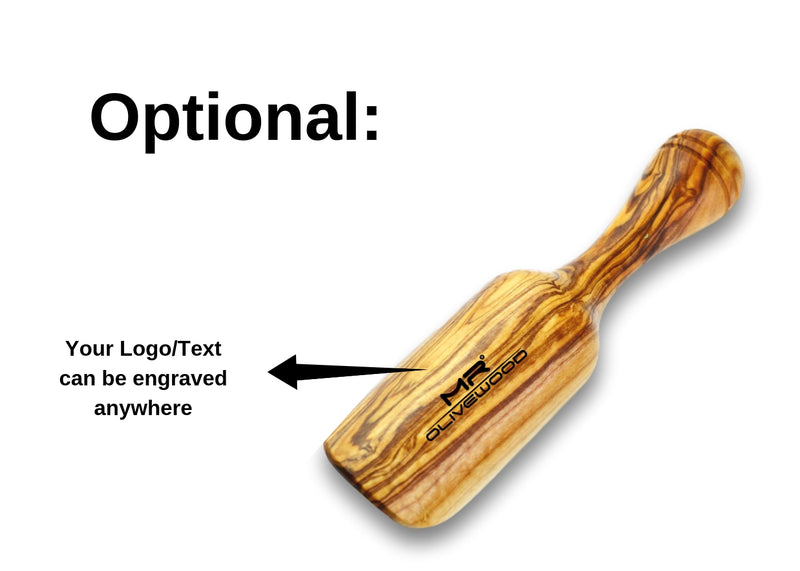 wooden Olive Wood salt and spices scoop shovel optional branding engraving personalized Pelle Scoop à sel et épices en bois d'olivier by MR OLIVEWOOD® wholesale manufacturer US based supplier USA Canada