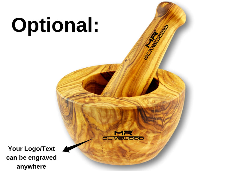 wooden Olive Wood pestle and mortar with flat edge personalized branding by engraving by MR OLIVEWOOD® wholesale manufacturer US based supplier USA Canada 