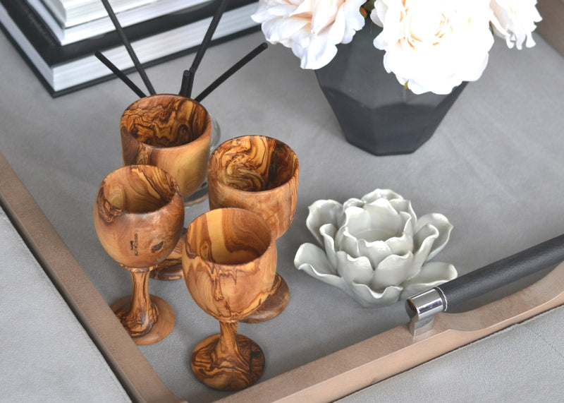 4 wooden olive wood Goblets / Chalice Cups on the table verre coupe gobelet en bois d'olivier by MR OLIVEWOOD® wholesale manufacturer US based supplier USA Canada
