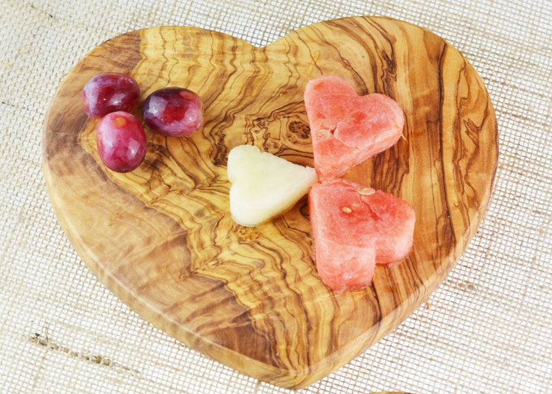 wooden olive wood chopping cutting carving cheese steak serving heart board with food planche en bois d'olivier by MR OLIVEWOOD® Wholesale USA Canada