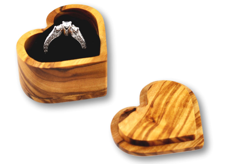wooden olive wood Heart Shaped Ring Jewellery Box open with ring  boîte Coffret bague bijoux en bois d'olivier by MR OLIVEWOOD® wholesale manufacturer US based supplier USA Canada
