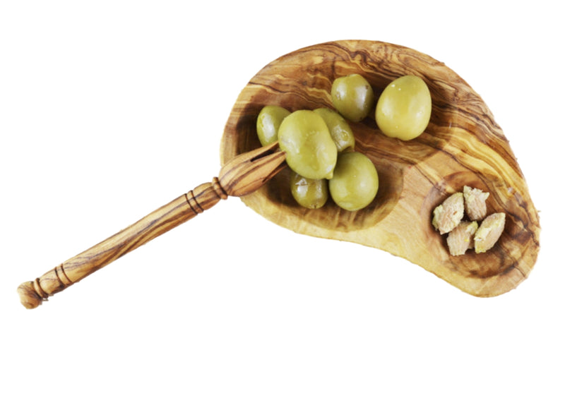 wooden olive wood Olive Pick Bites Stabber with olive dish Pince fourchette pour olives fromage en bois d'olivier by MR OLIVEWOOD® wholesale manufacturer US based supplier USA Canada