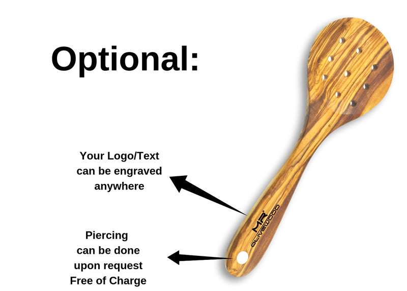 wooden Olive Wood pierced large cooking spoon optional piercing engraving banding personalized by MR OLIVEWOOD® wholesale manufacturer US based supplier USA Canada