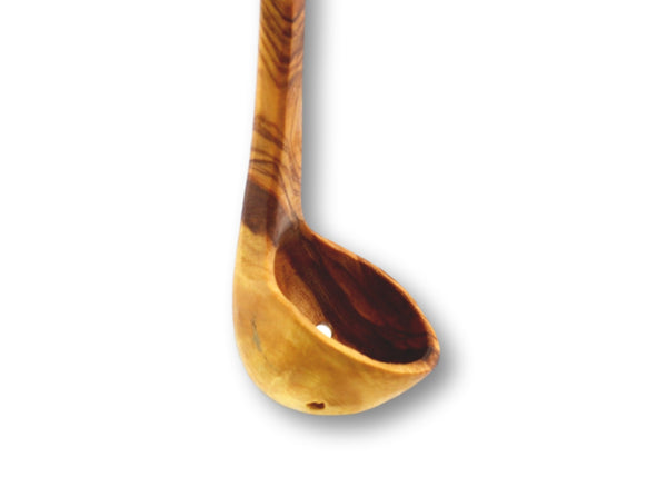 wooden olive wood pierced olive ladle half photo louche percé troué olive en bois d'olivier by MR OLIVEWOOD® wholesale manufacturer US based supplier USA Canada