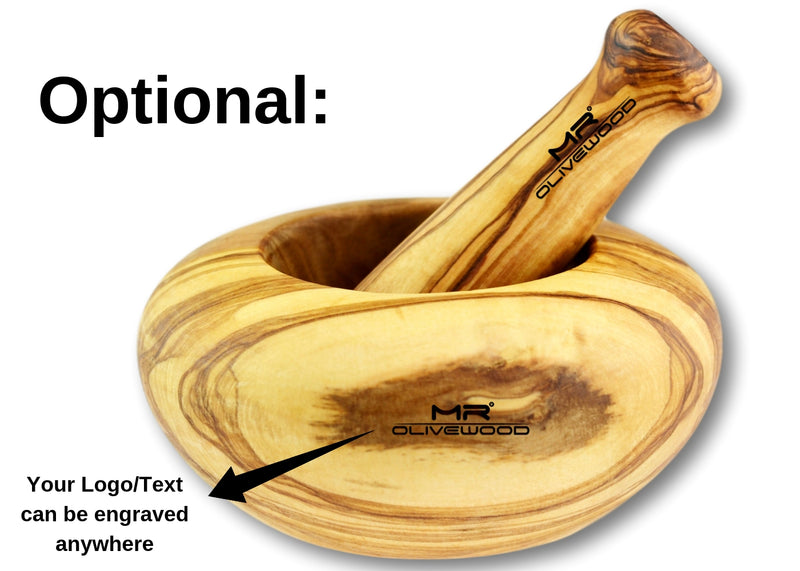 wooden Olive Wood pestle and mortar with curved edge personalized branding by engraving by MR OLIVEWOOD® wholesale manufacturer US based supplier USA Canada 