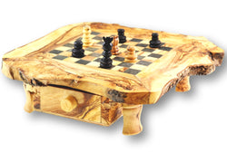wooden olive wood Rustic Chess Board with 4 legs, 2 Drawers and Chess Pieces Echiquier Table jeu d'échecs rustique  en bois d'olivier by MR OLIVEWOOD® wholesale manufacturer US based supplier USA Canada