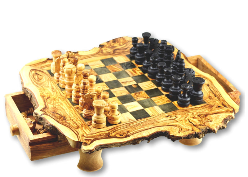 wooden olive wood Rustic Chess Board with 4 legs, 2 Drawers and Chess Pieces in 3 sizes  Echiquier Table jeu d'échecs rustique  en bois d'olivier by MR OLIVEWOOD® wholesale manufacturer US based supplier USA Canada