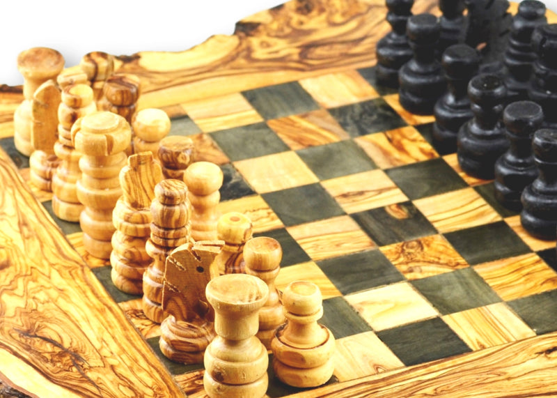 wooden olive wood Rustic Chess Board and Chess Pieces Echiquier Table jeu d'échecs rustique  en bois d'olivier by MR OLIVEWOOD® wholesale manufacturer US based supplier USA Canada