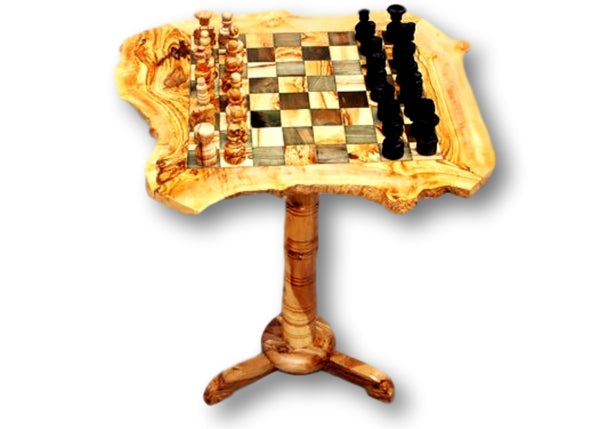 wooden olive wood Rustic Chess Board Table with 2 Drawers and Chess Pieces Echiquier Table jeu d'échecs rustique  en bois d'olivier by MR OLIVEWOOD® wholesale manufacturer US based supplier USA Canada