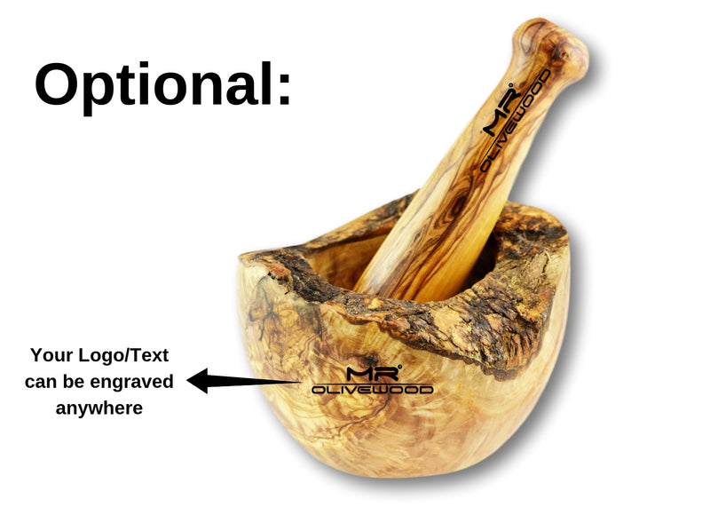 wooden Olive Wood pestle and mortar with rustic edge personalized branding by engraving by MR OLIVEWOOD® wholesale manufacturer US based supplier USA Canada 