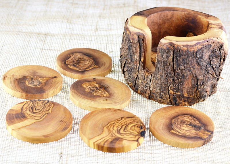 wooden olive wood set of 6 coasters in a natural holder trunk sous dessous de Verres en bois d'olivier by MR OLIVEWOOD® wholesale manufacturer US based supplier USA Canada