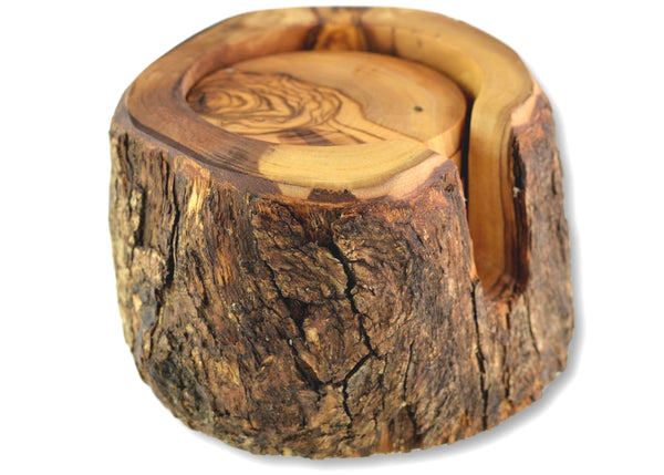 wooden olive wood set of 6 coasters in a natural holder sous dessous de Verres en bois d'olivier by MR OLIVEWOOD® wholesale manufacturer US based supplier USA Canada