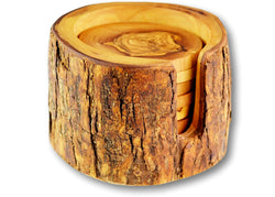 wooden olive wood set of 6 coasters in a rustic holder sous dessous de Verres en bois d'olivier by MR OLIVEWOOD® wholesale manufacturer US based supplier USA Canada