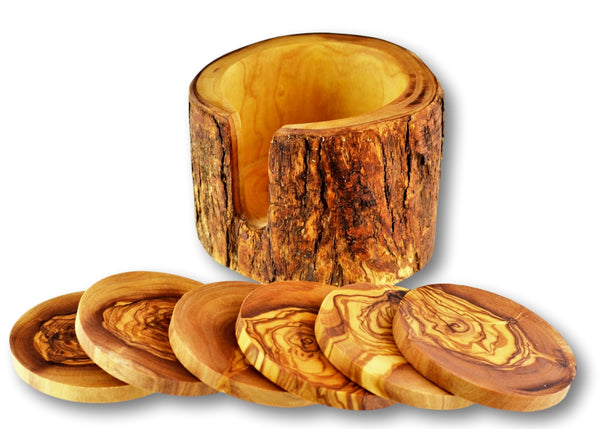 wooden olive wood set of 6 coasters in a rustic holder out of trunk sous dessous de Verres en bois d'olivier by MR OLIVEWOOD® wholesale manufacturer US based supplier USA Canada