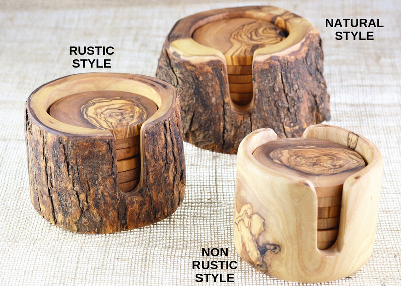 wooden olive wood set of 6 coasters in a 3 different styles of holders sous dessous de Verres en bois d'olivier by MR OLIVEWOOD® wholesale manufacturer US based supplier USA Canada