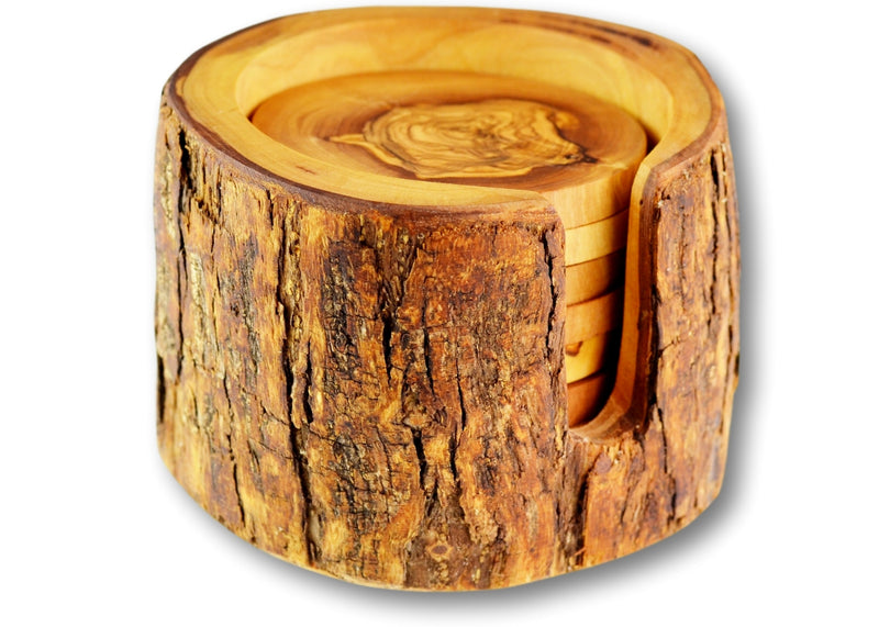 wooden olive wood set of 6 coasters in a rustic holder sous dessous de Verres en bois d'olivier by MR OLIVEWOOD® wholesale manufacturer US based supplier USA Canada
