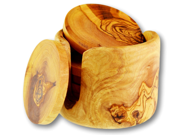 Olive wood set of 6 Coasters in Non-Rustic Holder