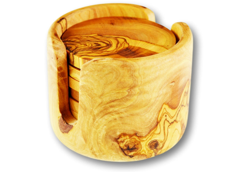 wooden olive wood set of 6 coasters in a non rustic holder sous dessous de Verres en bois d'olivier by MR OLIVEWOOD® wholesale manufacturer US based supplier USA Canada