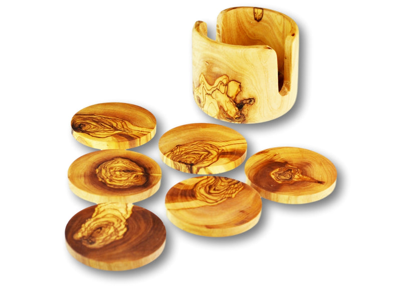wooden olive wood set of 6 coasters out of non rustic holder sous dessous de Verres en bois d'olivier by MR OLIVEWOOD® wholesale manufacturer US based supplier USA Canada