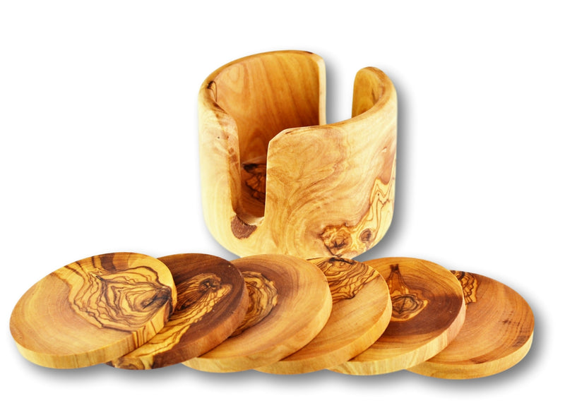 wooden olive wood set of non-rustic 6 coasters in a non rustic holder sous dessous de Verres en bois d'olivier by MR OLIVEWOOD® wholesale manufacturer US based supplier USA Canada