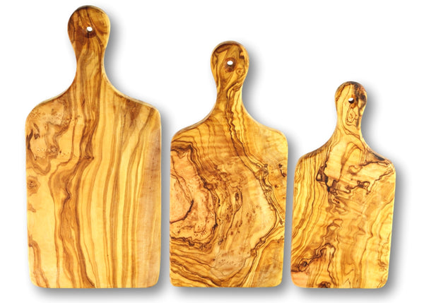 wooden olive wood chopping cutting carving cheese steak serving boards with paddle set of 3 planche en bois d'olivier by MR OLIVEWOOD® Wholesale USA Canada