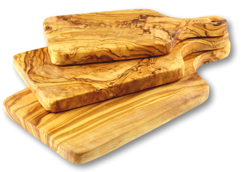 wooden olive wood cutting carving cheese steak serving boards with paddle set of 3 planche en bois d'olivier by MR OLIVEWOOD® Wholesale USA Canada