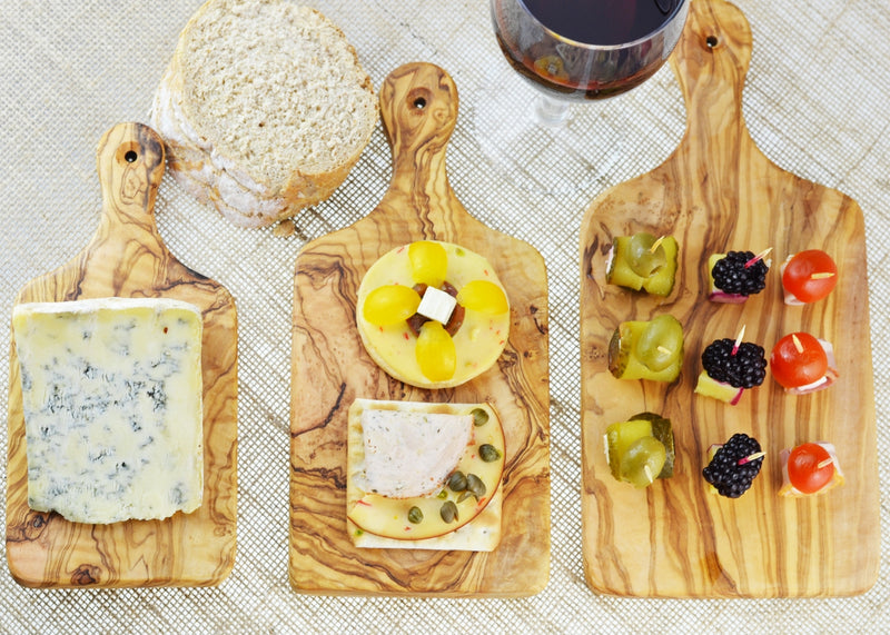 wooden olive wood chopping cutting carving cheese steak serving boards with paddle set of 3 serving food planche en bois d'olivier by MR OLIVEWOOD® Wholesale USA Canada