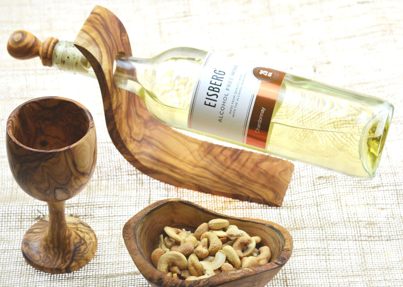 wooden olive wood Bottle Stand / Holder with dish and goblet porte-bouteilles en bois d'olivier by MR OLIVEWOOD® wholesale manufacturer US based supplier USA Canada